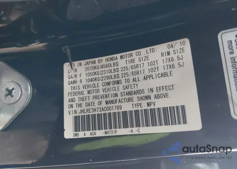 2010 Honda Cr-V Ex-L z USA, uszkodzony, nr VIN JHLRE3H73AC001769